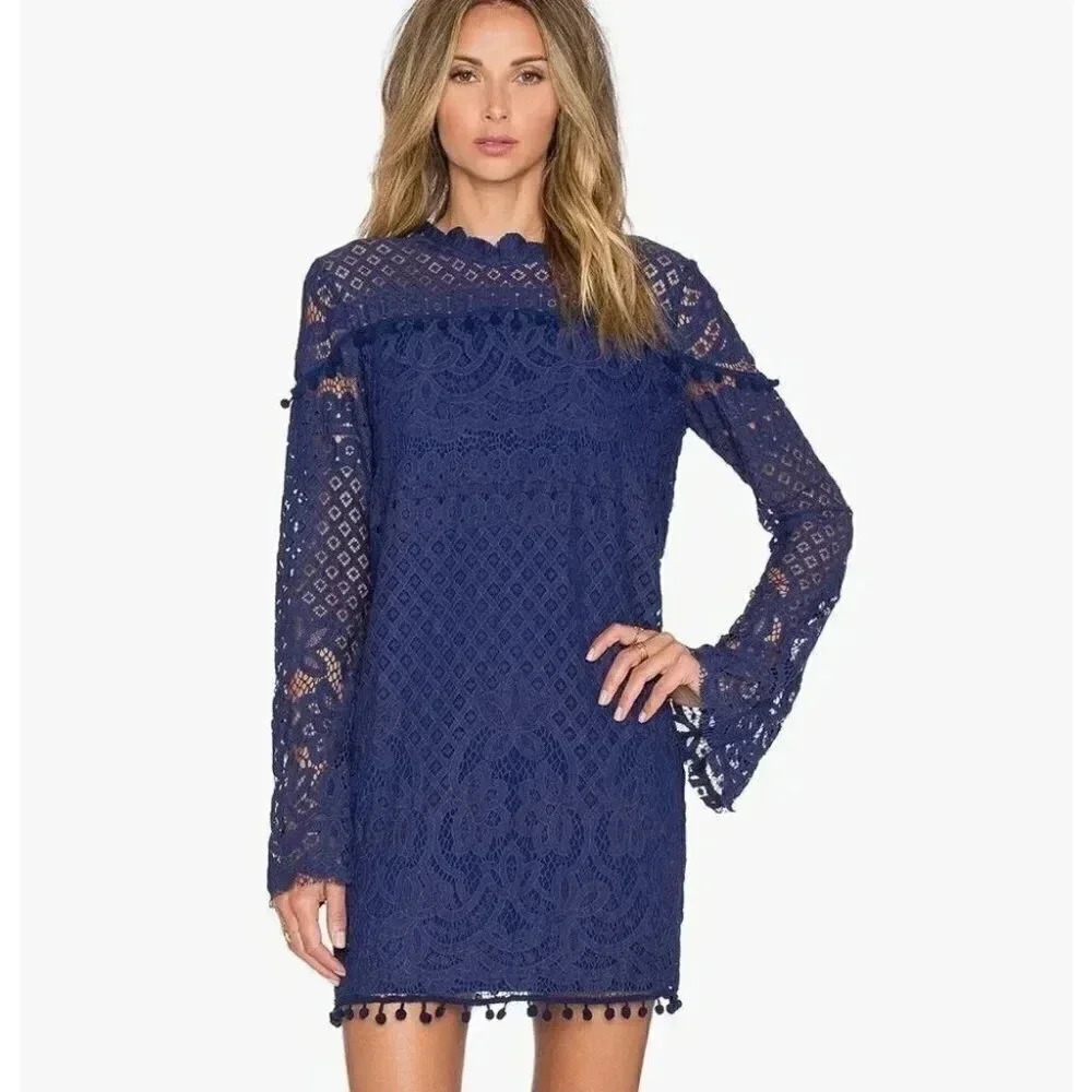Tularosa Long Sleeve Dress Revolve Matilda Navy Lace Eyelet Pom Pom Dress XS